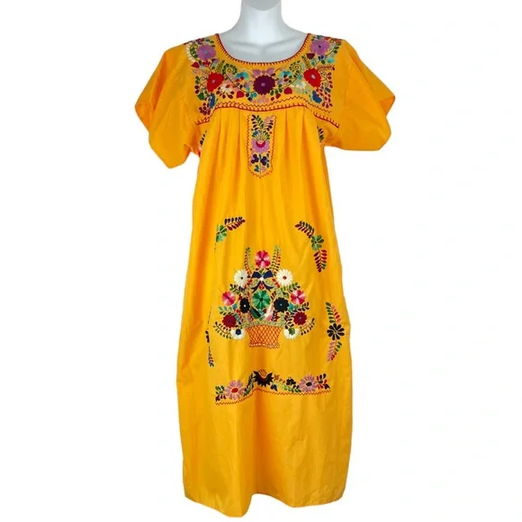 elegant loose dresses Vintage Orange Mexican Oaxaca Huilpil Embroidered Maxi Dress – ThisBlueBird main image 0